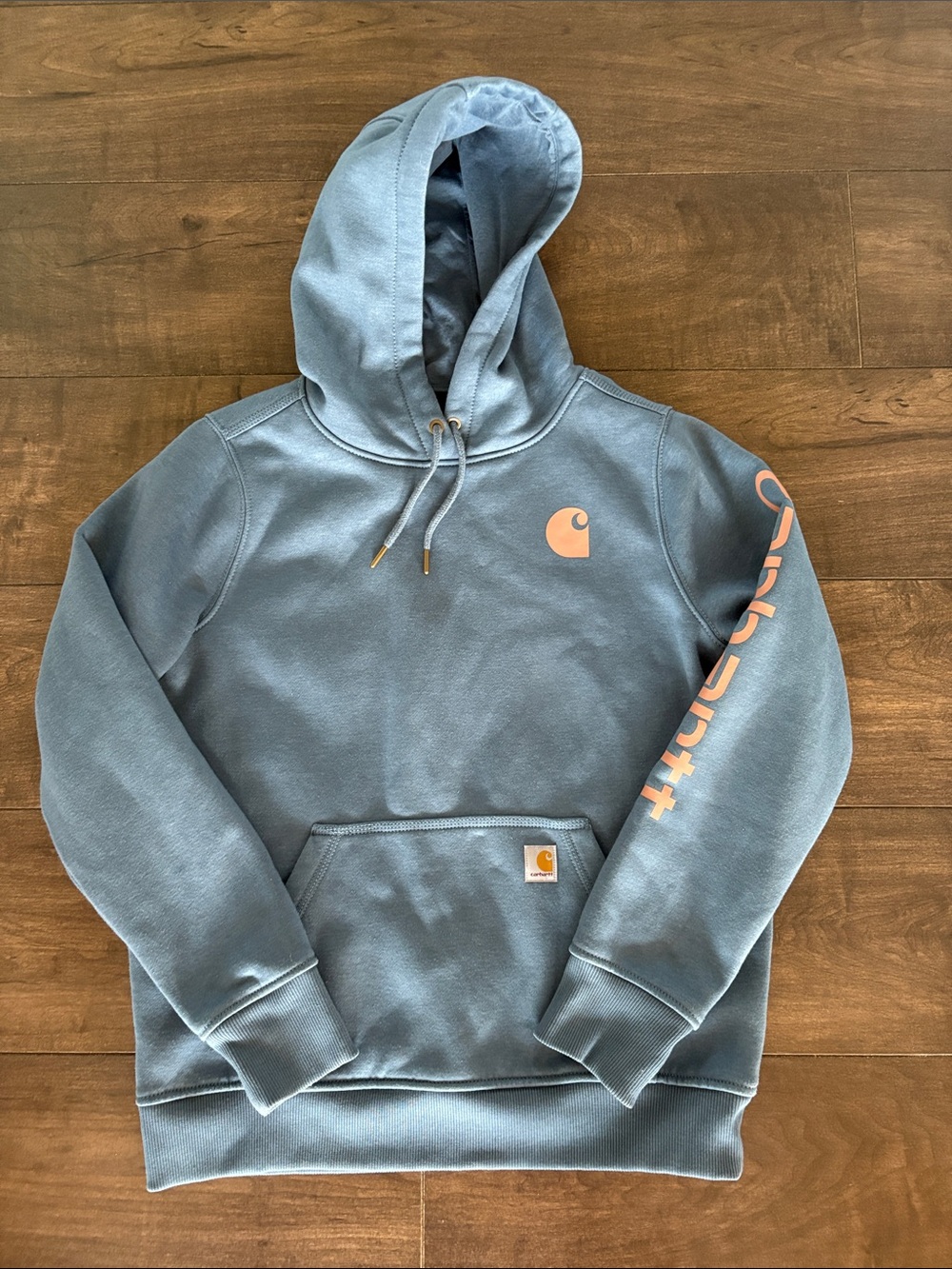 Carhartt Hooded Sweatshirt in Dusty Blue with Peach Logo